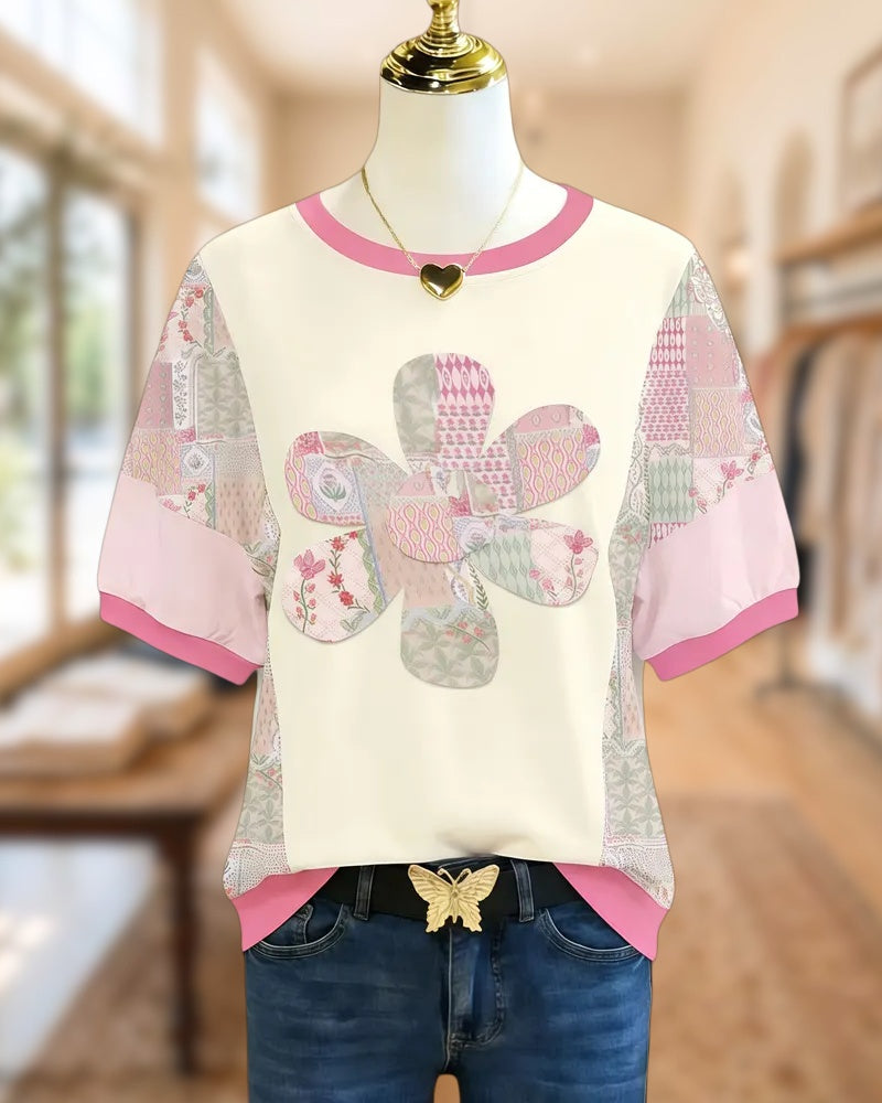 Floral Applique Boho Round Neck Patchwork T-Shirt