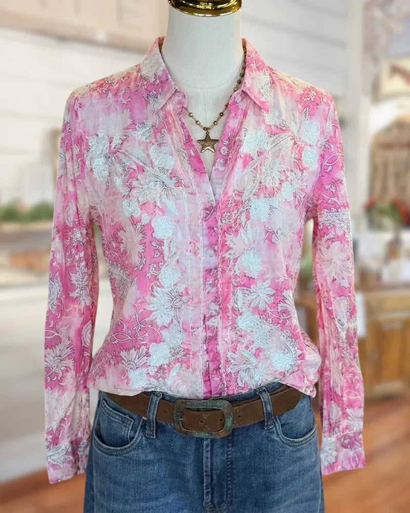 Collared Long Sleeve Embroidered Floral Button Front Casual Blouse