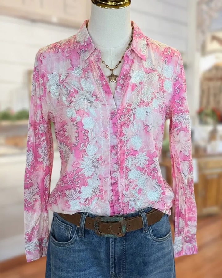 Collared Long Sleeve Embroidered Floral Button Front Casual Blouse