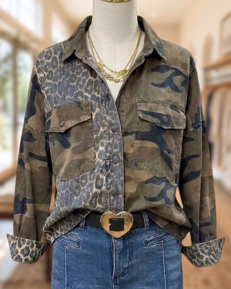 Camo Leopard Mix Print Button Up Shirt With Flap Pockets
