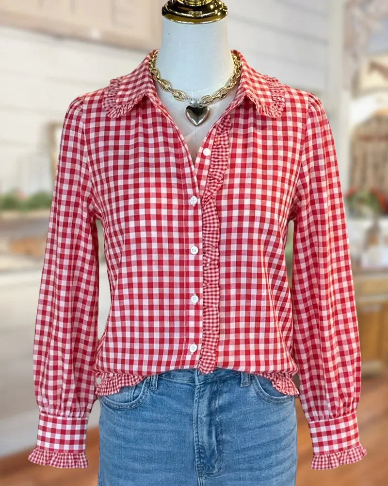 Gingham Ruffle Trim Collared Button Down Long Sleeve Blouse