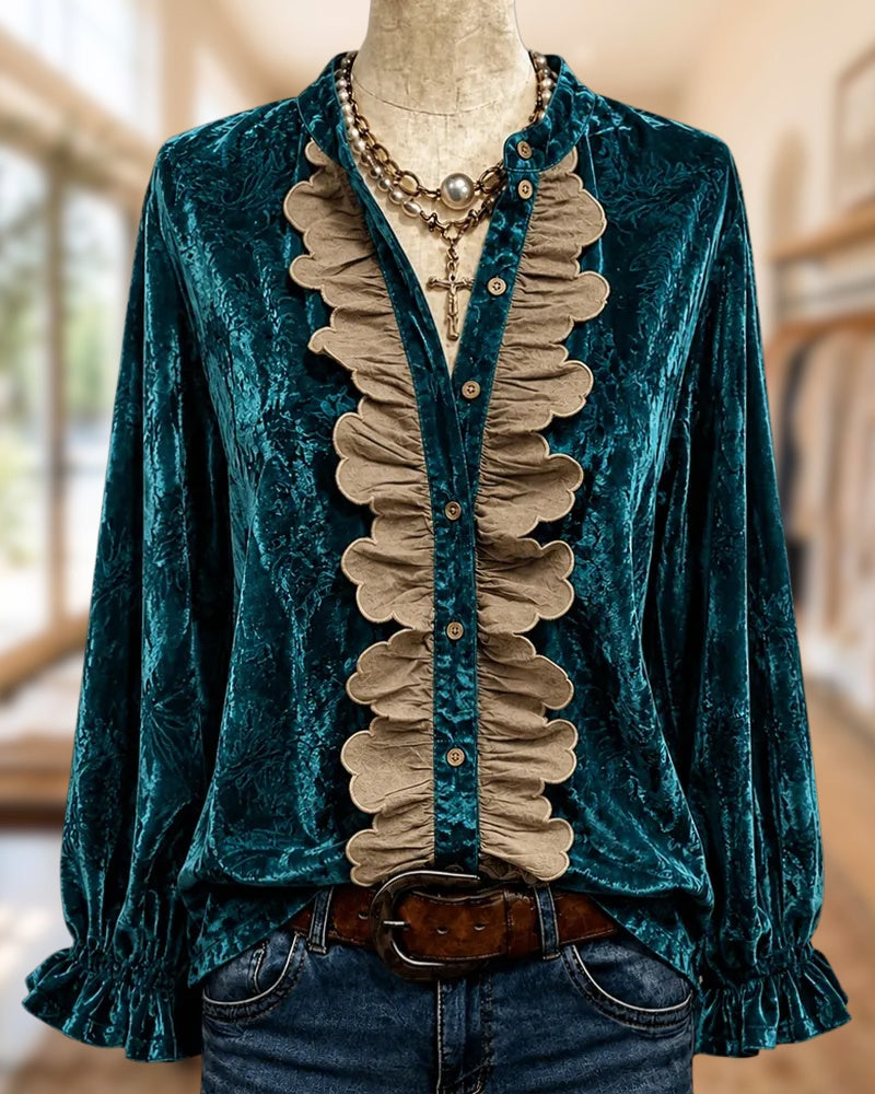 Velvet Contrast Scalloped Trim Button Front Long Sleeve Blouse