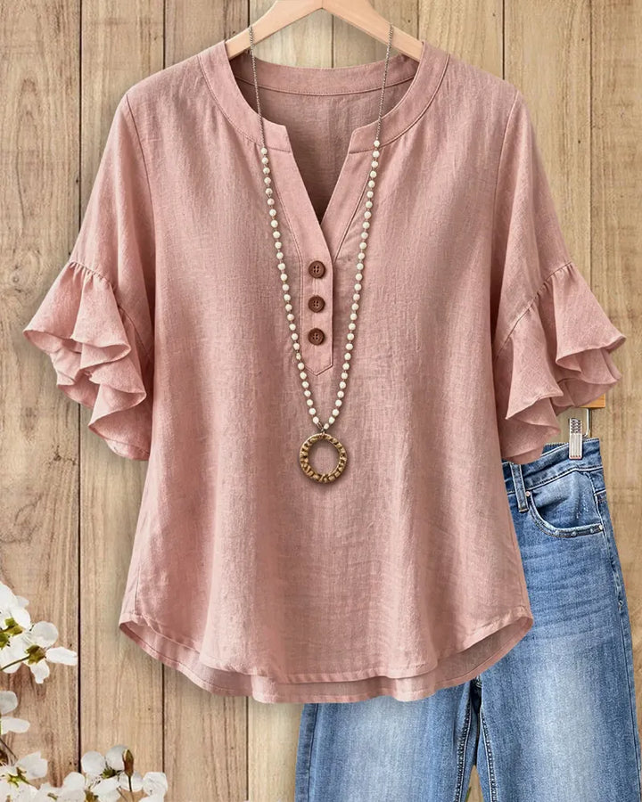 Solid Color Ruffle Sleeve V Neck Casual Flowy Blouse