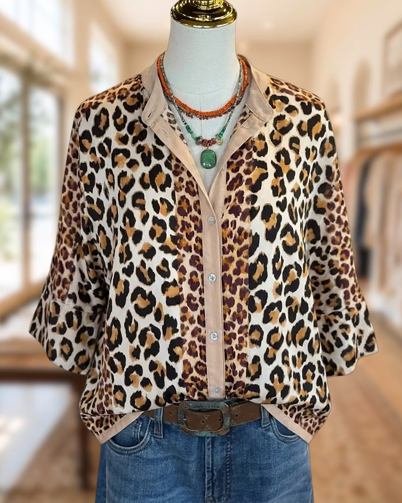 Leopard Contrast Trim Half Sleeve Blouse