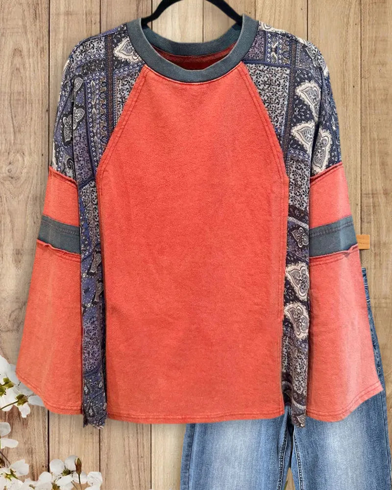 Patchwork Paisley Raglan Sleeve Exposed Seam Crew Neck Sweatshirt