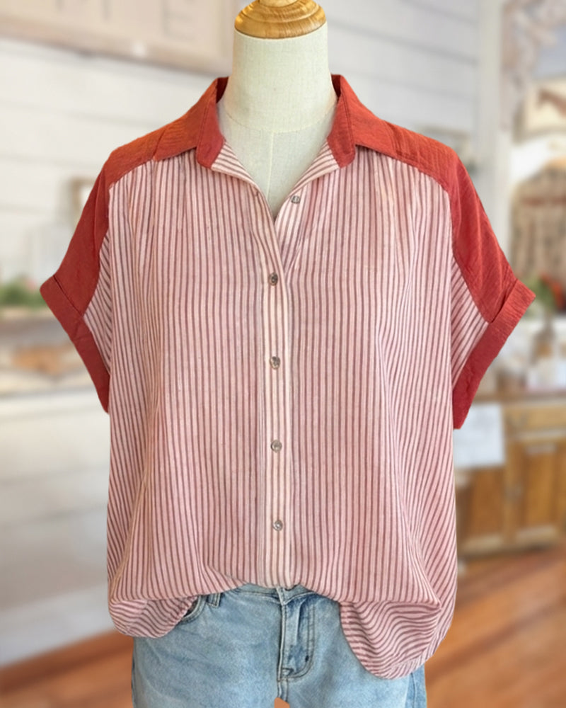 Contrast Yoke Striped Collared Short Sleeve Button Up Shirt