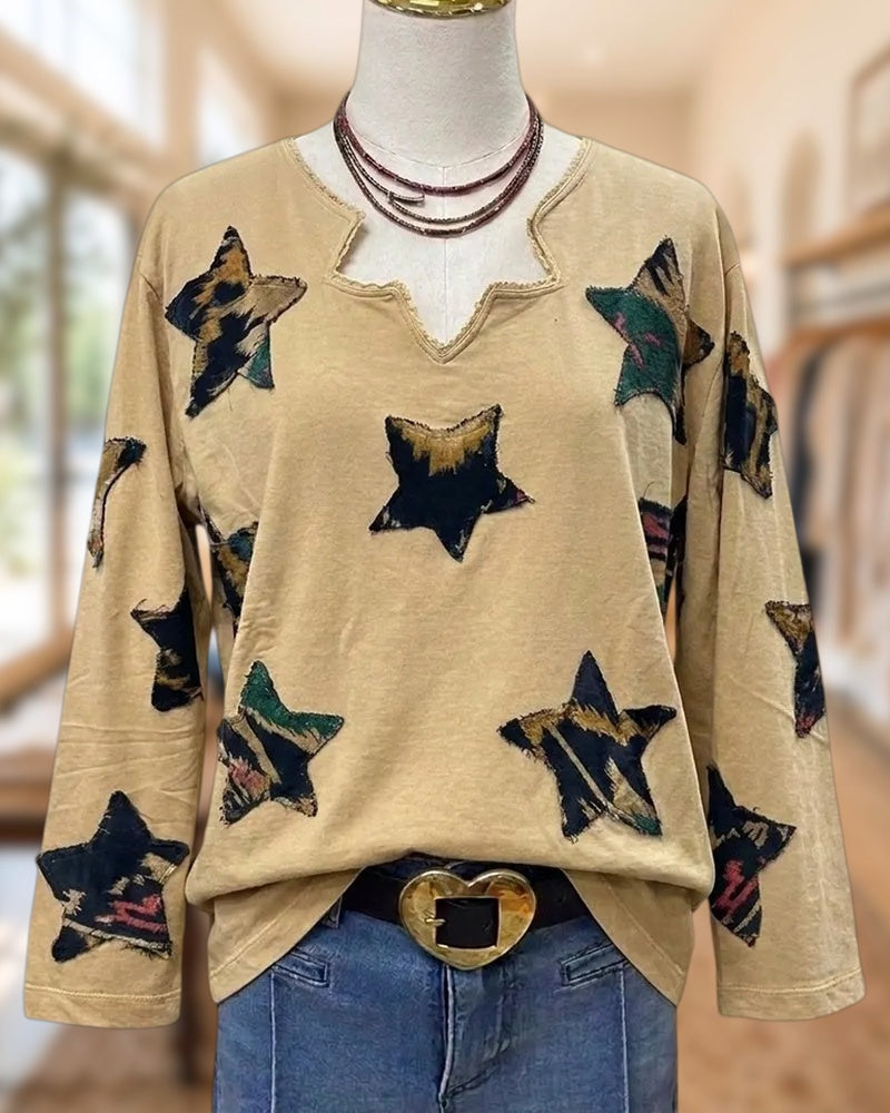 Star Applique Irregular Neck Long Sleeve Loose Casual Top