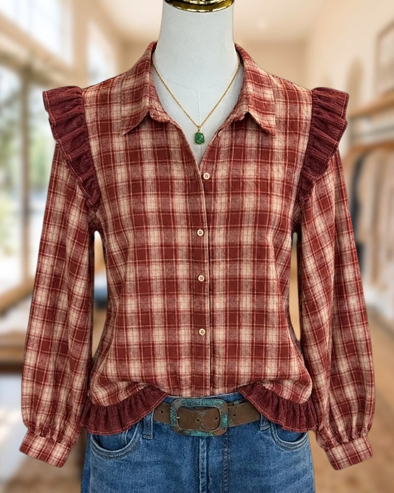 Plaid Ruffle Trim Collared Button Front Long Sleeve Shirt