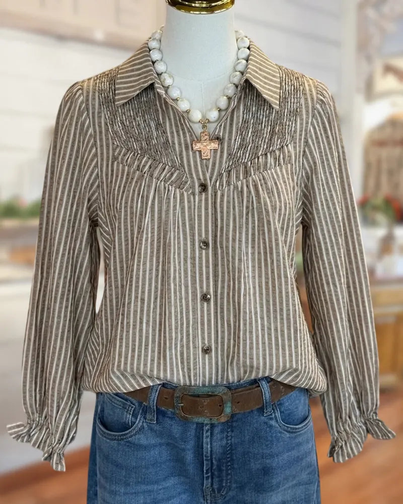 Striped Collared Smocked Yoke Ruffle Cuff Button Front Blouse
