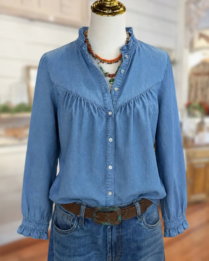 Ruffled Trim Button Front Gathered Yoke Long Sleeve Blouse
