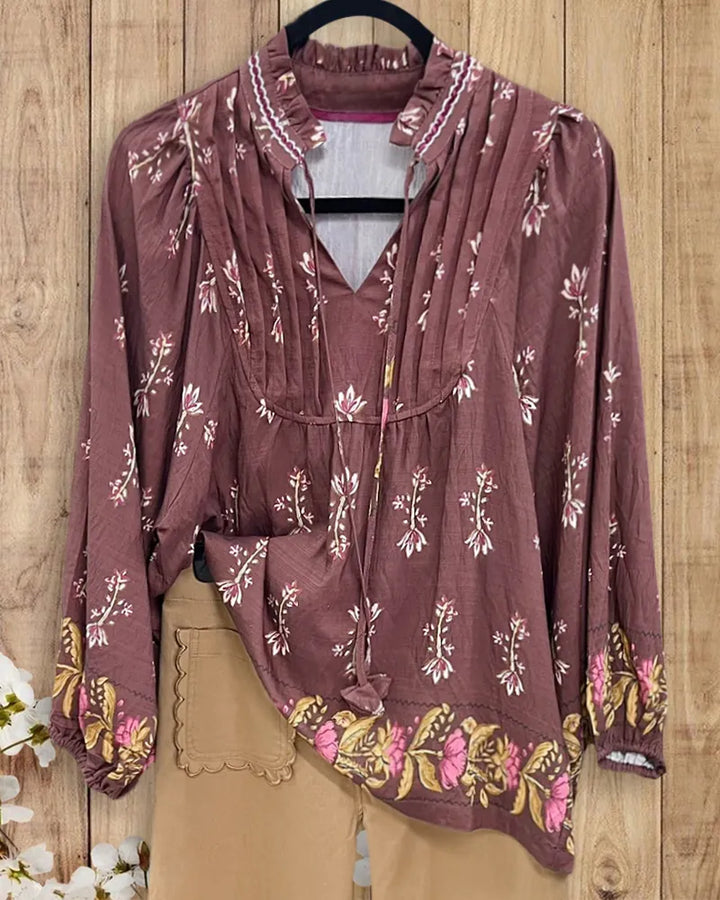 Floral Print V Neck Bohemian Blouse With Pintuck Details