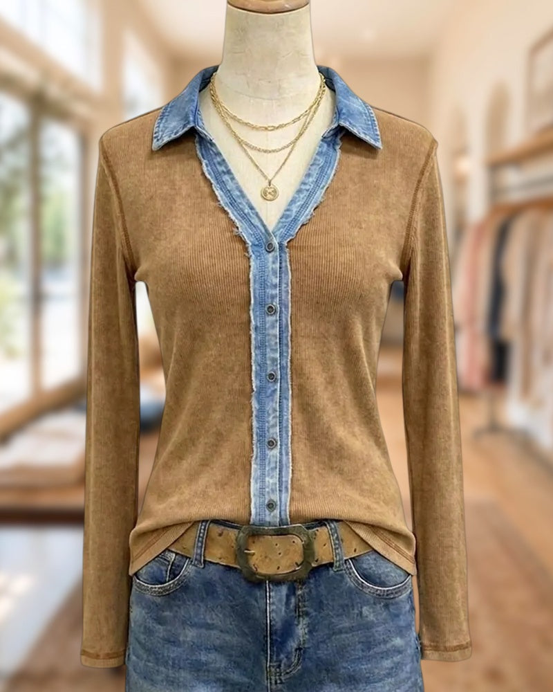 Denim Trim Collared Button Front Ribbed Long Sleeve Shirt