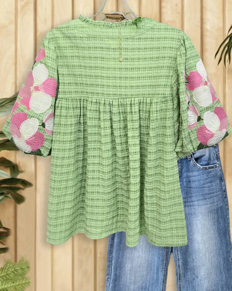 Floral Embroidery & Plaid Puff Sleeve Stylish Babydoll Blouse