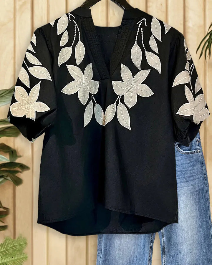 Floral Embroidery Rocking V Neck Puff Sleeve T-Shirt