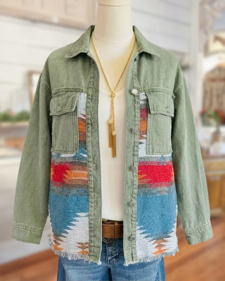 Aztec Print Patchwork Frayed Hem Button Front Denim Jacket
