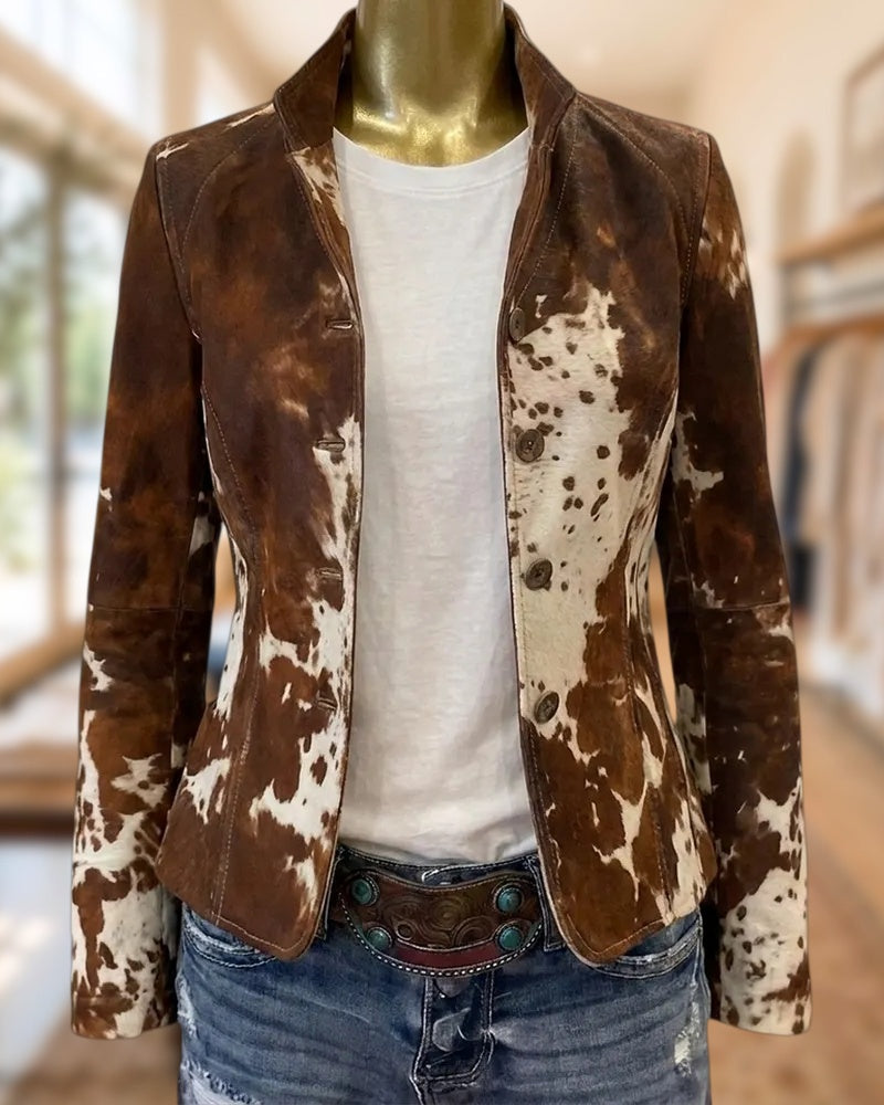Stand Collar Buttoned Animal Print Casual Tailored Outerwear Jacket