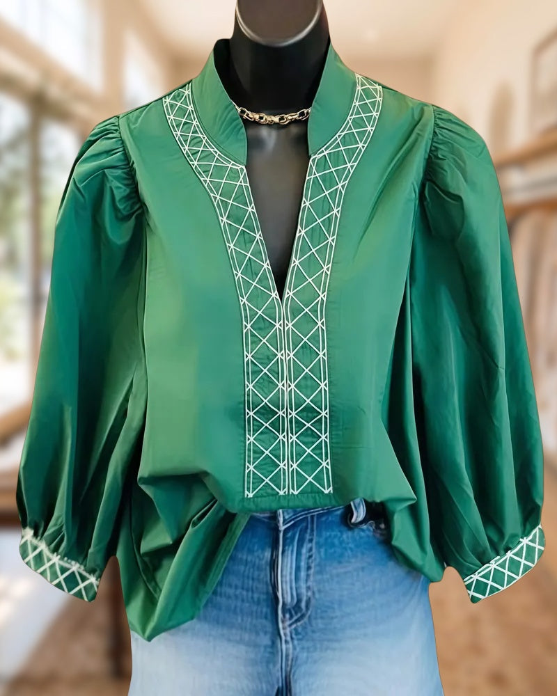 Contrast-Stitch Retro V Neck Puff Sleeve Blouse