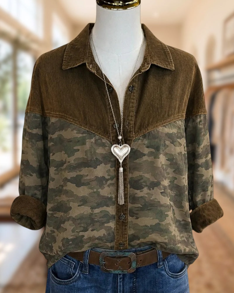 Corduroy Panel Camo Print Shirt