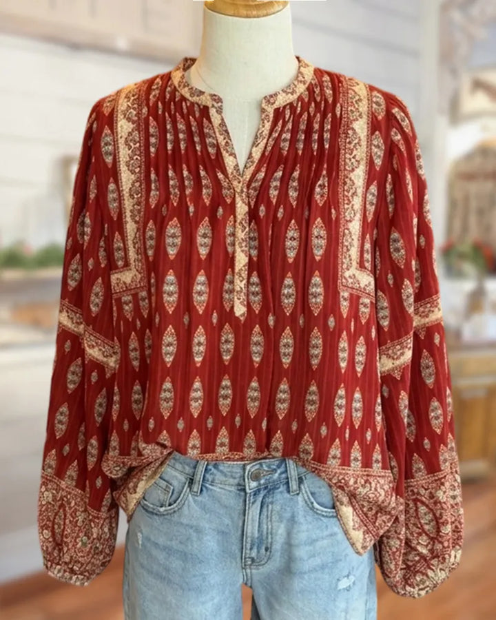 Printed Split Neck Shirred Bishop Sleeve Loose Casual Blouse