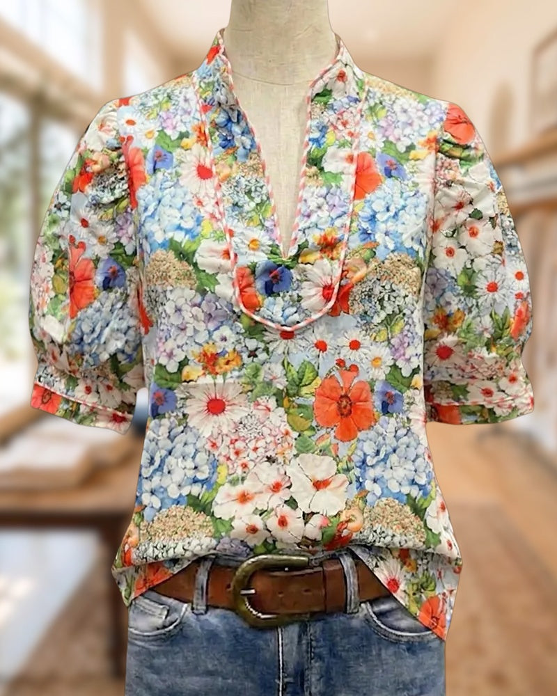Floral Print Puff Sleeve V Neck Trimmed Casual Blouse