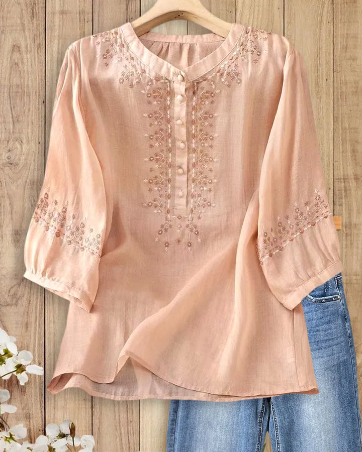 Embroidered Mandarin Collar Half Placket 3/4 Sleeve Loose Blouse