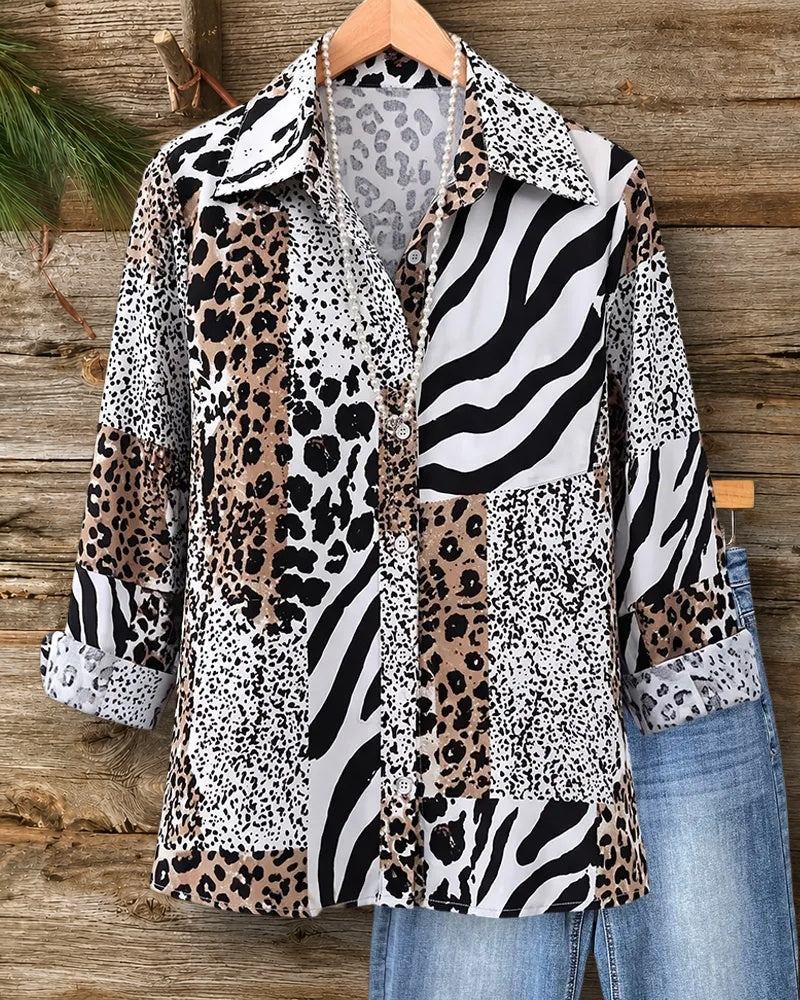 Mixed Animal Print Patchwork Chic Collared Button Up Shirt