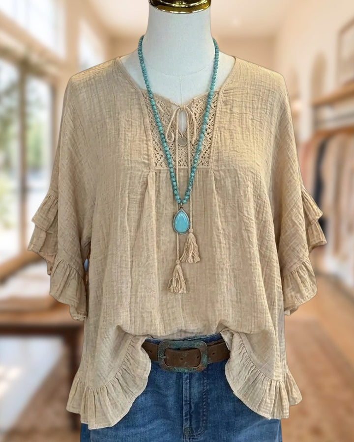 Tiered Ruffle Sleeve Tie Neck Blouse