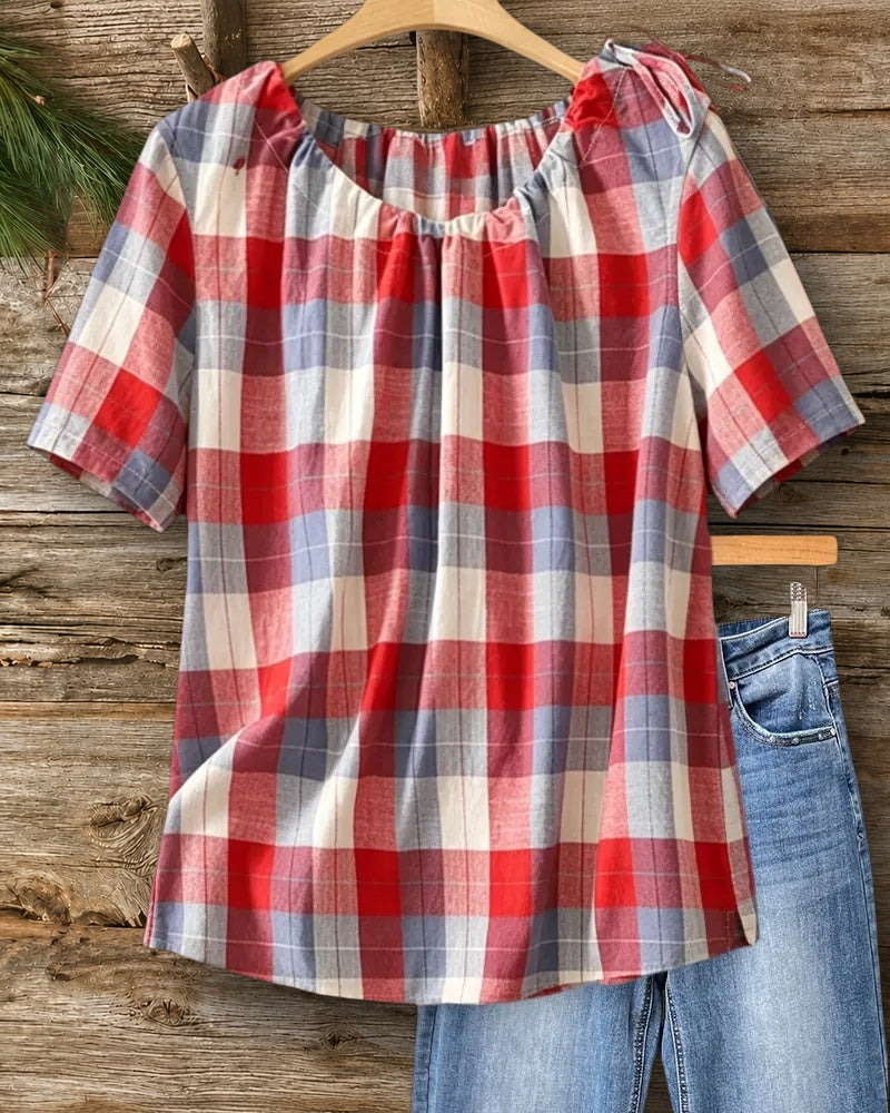 Short Sleeve Tie Shoulder Gathered Neck Plaid Casual Blouse