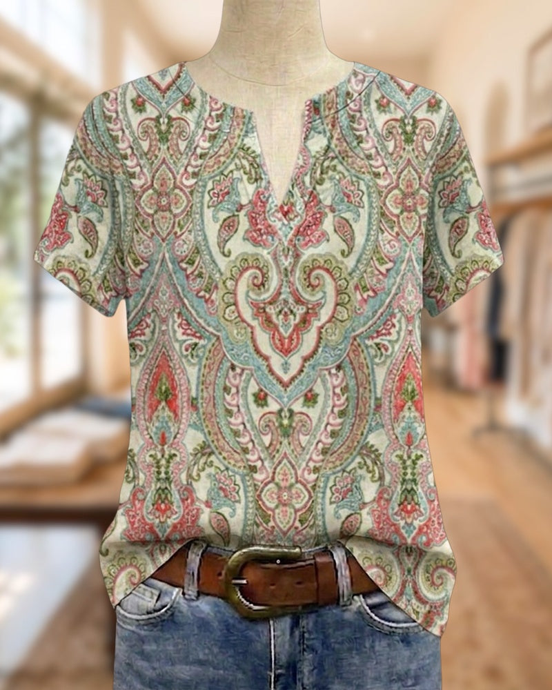 Paisley Print Split V Neck Short Sleeve Casual Blouse
