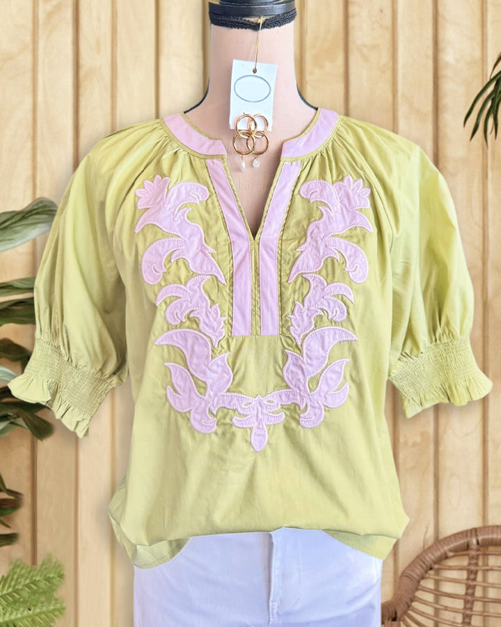Floral Embroidery Ethnic V Neck Puff Sleeve Blouse