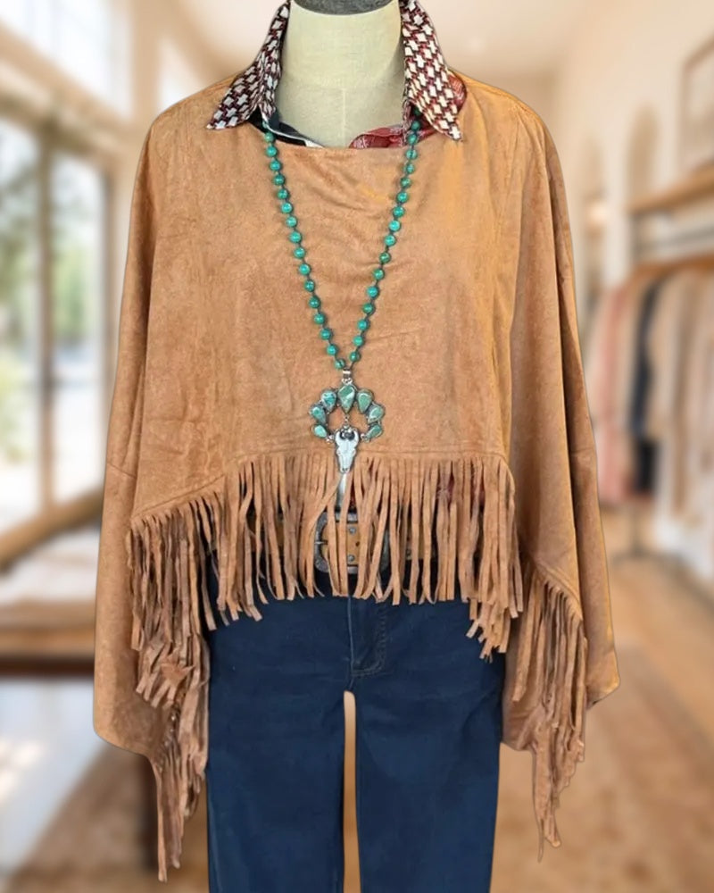 Solid Color Fringe Trim Boho Chic Pullover Outerwear