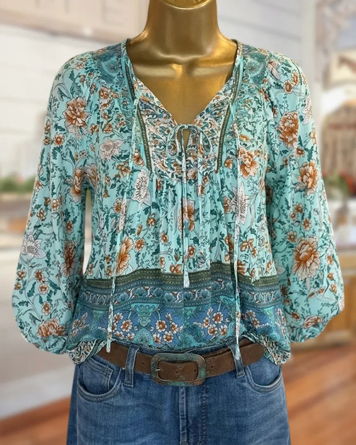 Floral Print Tie Neck Puff Sleeve Loose Casual Blouse