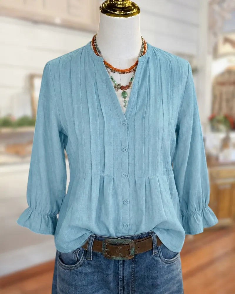 Pintuck Pleat V Neck Ruffle Cuff Relaxed Fit Blouse