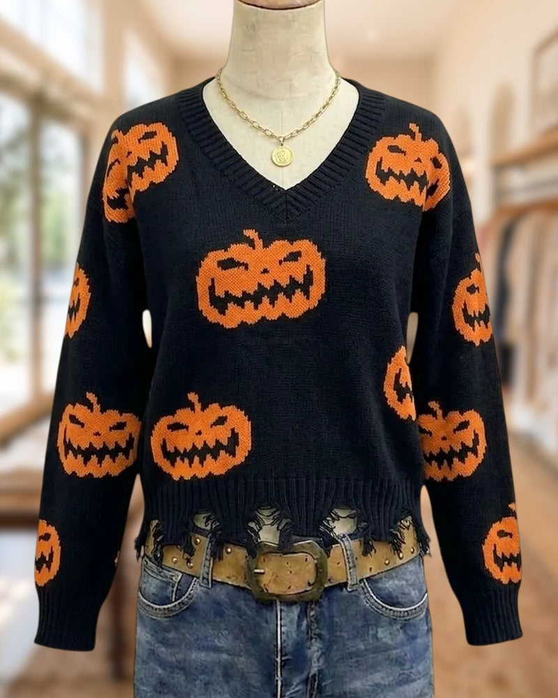 V Neck Pumpkin Print Frayed Raw Hem Playful Knit Sweater