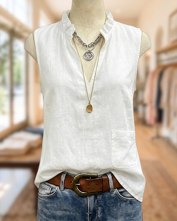 Ruffled Collar V Neck Sleeveless Patch Pocket Blouse