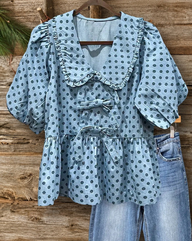 Polka Dot Peter Pan Collar Puff Sleeve Bow Detail Peplum Blouse