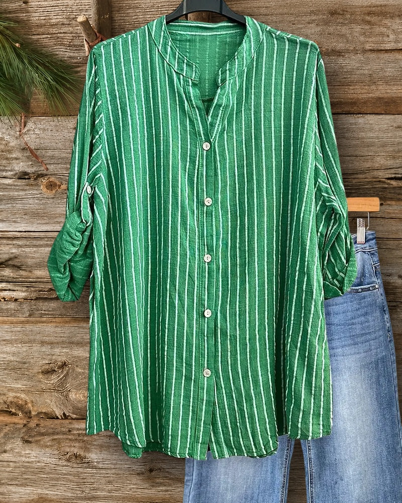 Striped Classic V Neck Button Front Shirt