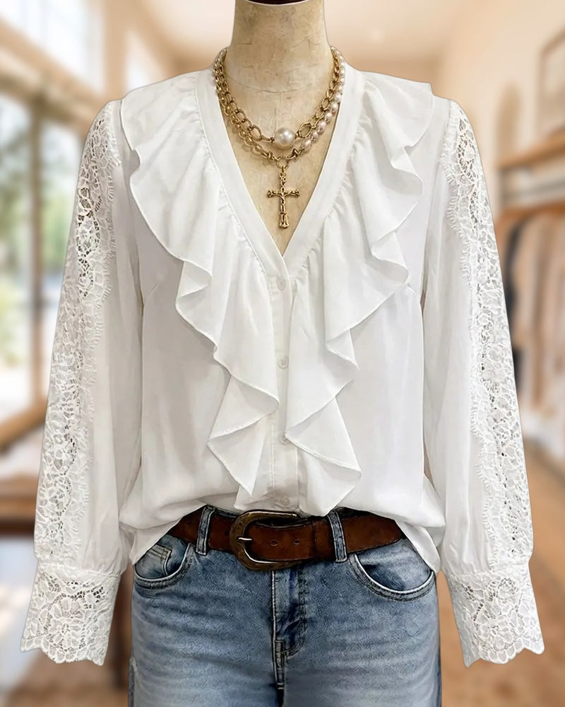 V Neck Ruffled Lace Long Sleeve Button Front Blouse