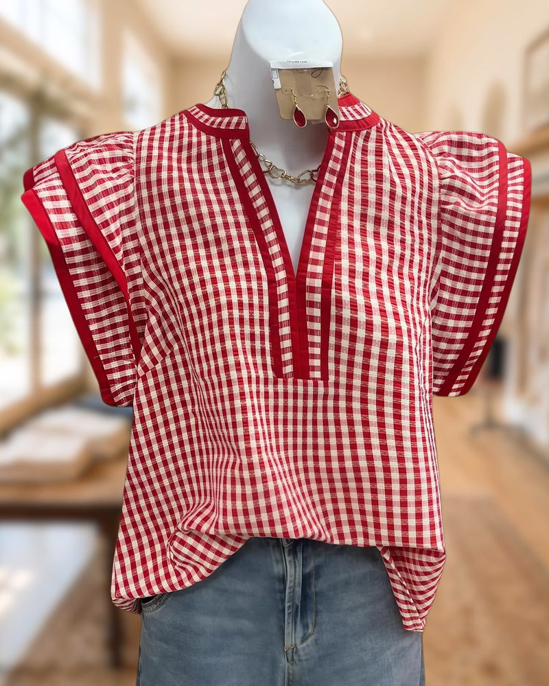 Gingham Playful Flutter Sleeve V Neck Blouse