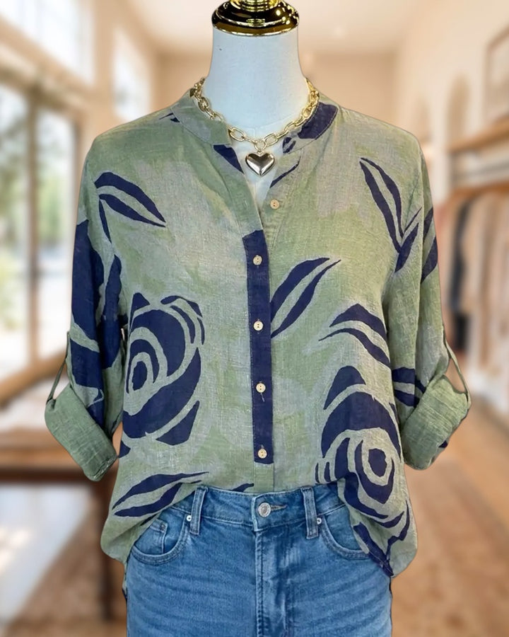 Floral Button Roll Tab Sleeve Blouse