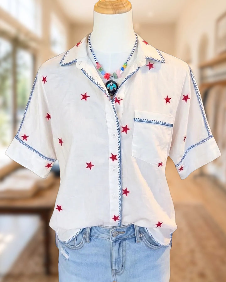 Star Embroidered Contrast Stitch Short Sleeve Chest Pocket Shirt