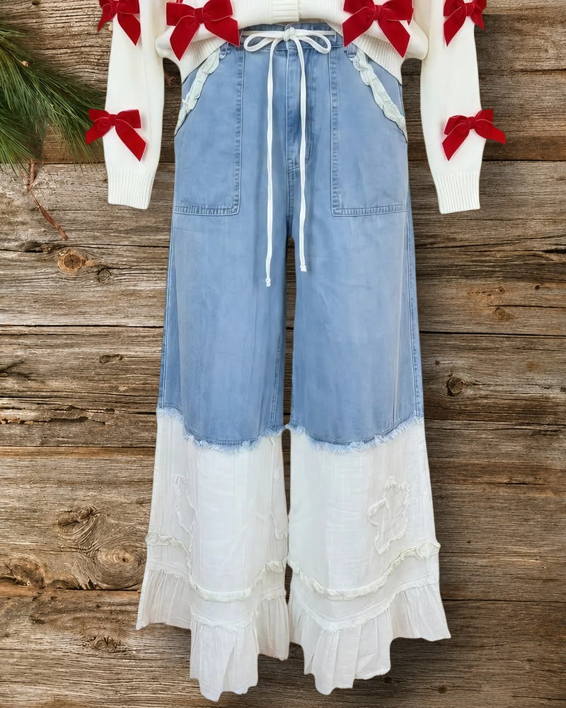 Patchwork Contrasting Rocking Wide Leg Ruffled Jeans