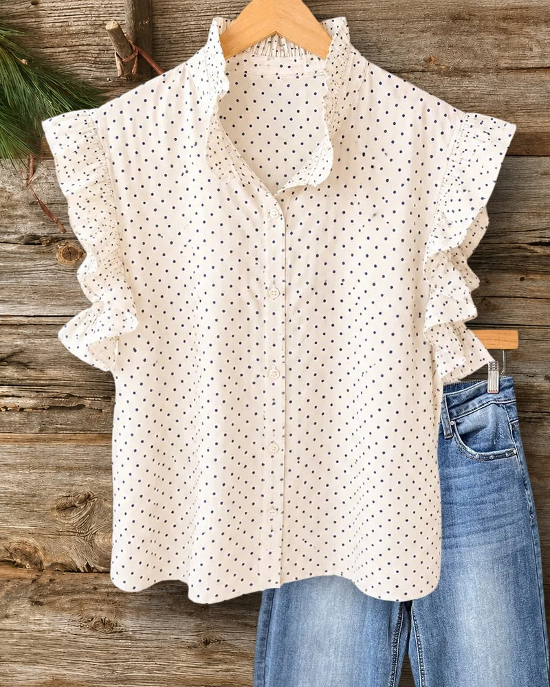 Polka Dot Ruffle Sleeve Button Front Sweet Blouse