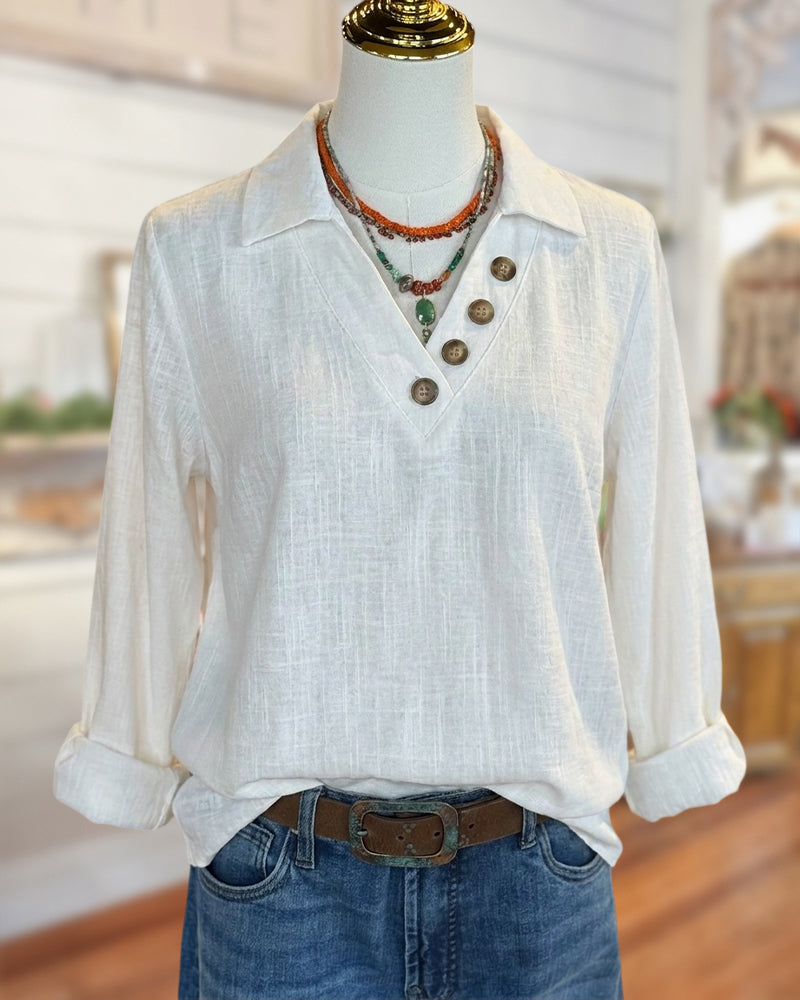 Collared V Neck Button Detail Long Sleeve Casual Blouse