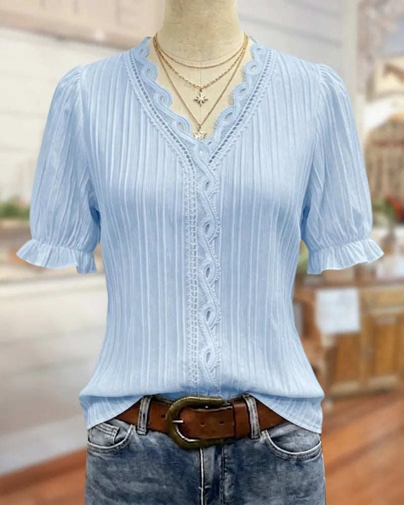 Lace Trim V Neck Puff Sleeve Ruffle Cuff Textured Blouse