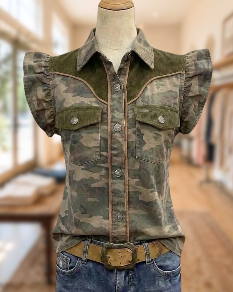 Camo Print Ruffle Sleeve Button Down Contrast Pocket Shirt