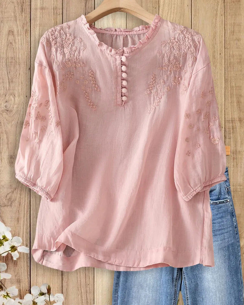 Ruffle Neck Embroidered Half Placket Puff Sleeve Casual Blouse
