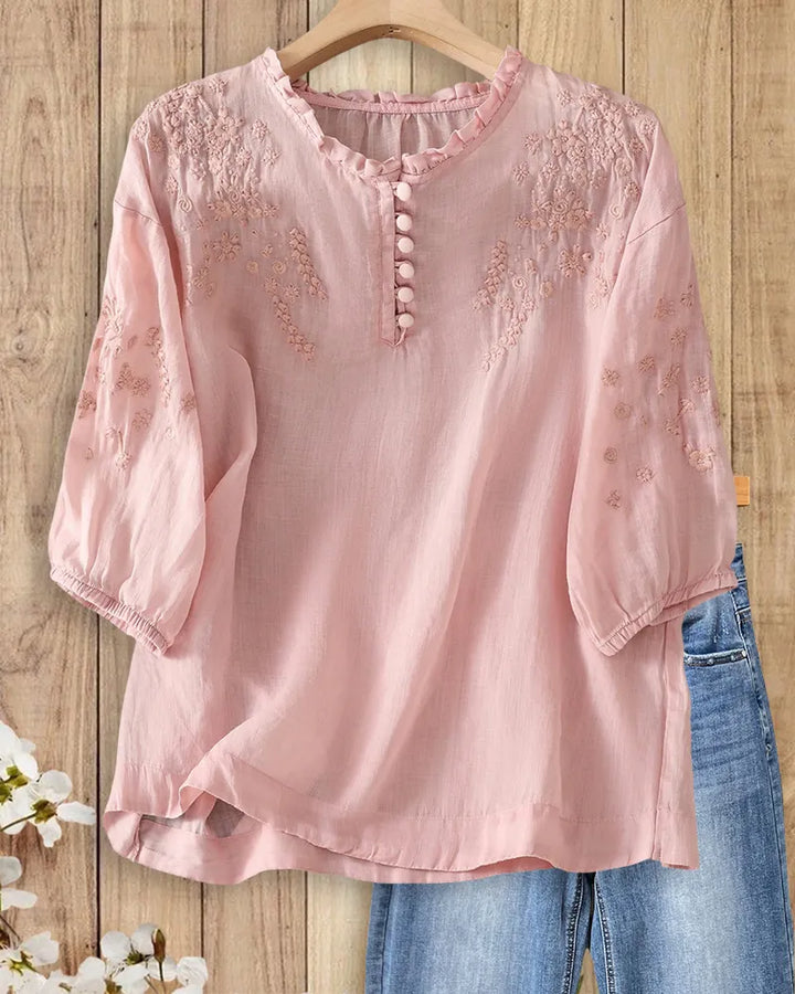 Ruffle Neck Embroidered Half Placket Puff Sleeve Casual Blouse
