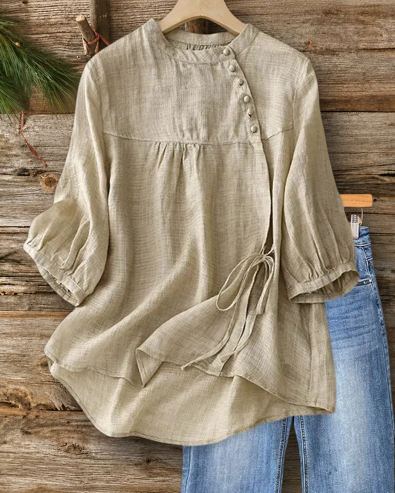 Stand Collar Side Tie 3/4 Sleeve Solid Color Casual Blouse