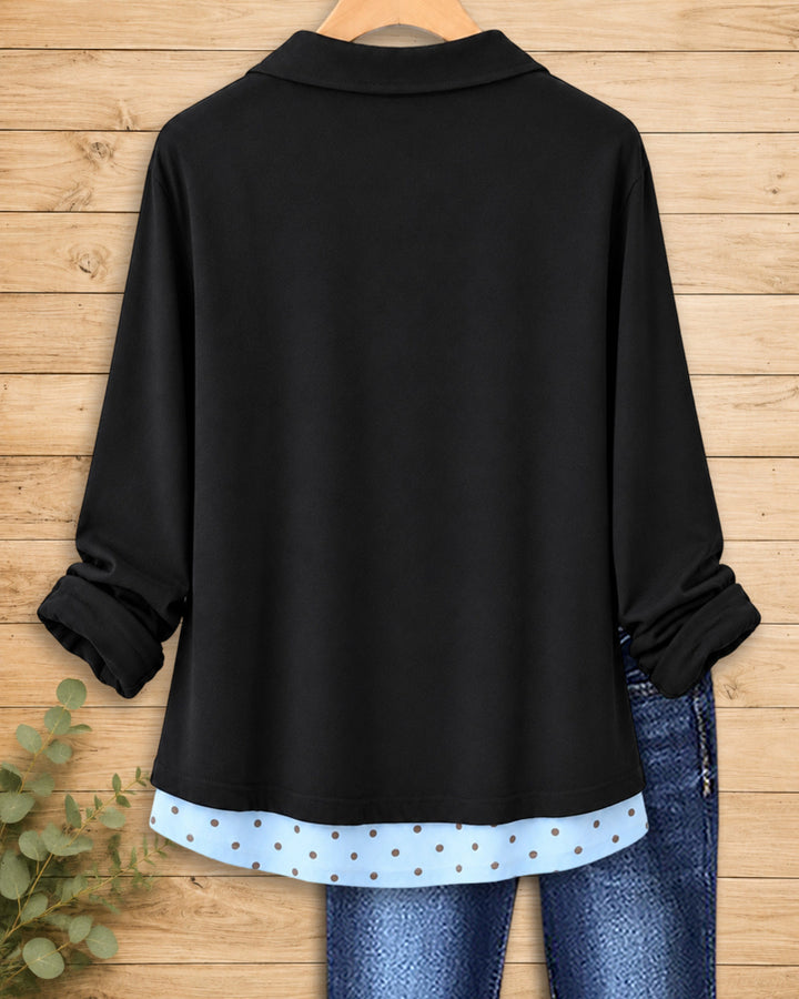 Fake Two Piece Polka Dot Contrast Buttoned Collared Long Sleeve Top